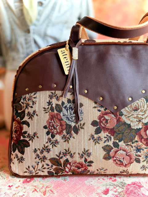 Whinny Overnighter – USA Handmade - Floral Tapestry Weekender - Leather Yoke, Cow Trim & Hand-Studded Detail Whinny